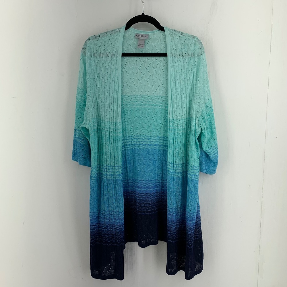 Catherines Blue Ombre Pointelle Knit Open Front Cardigan 1X 3/4 Sleeve Longline